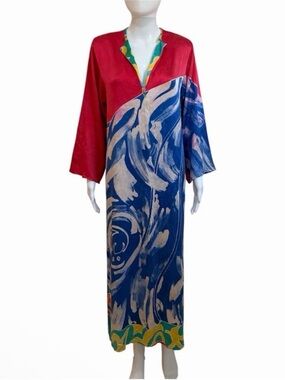 1980s Abstract Long Sleeve Maxi Silk Dress By Oscar de la Renta